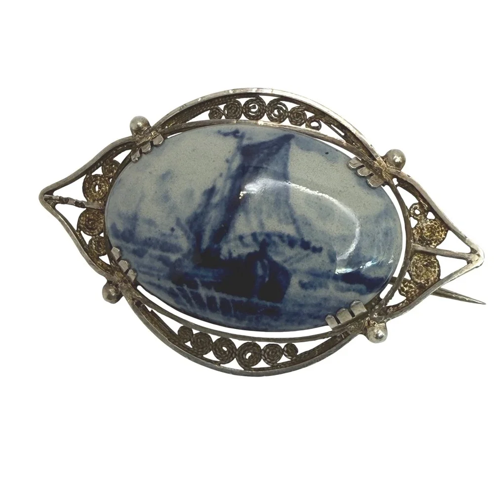 Antique Delft Porcelain Brooch‎ Windmill Filigree Silver Pin Pre-1920